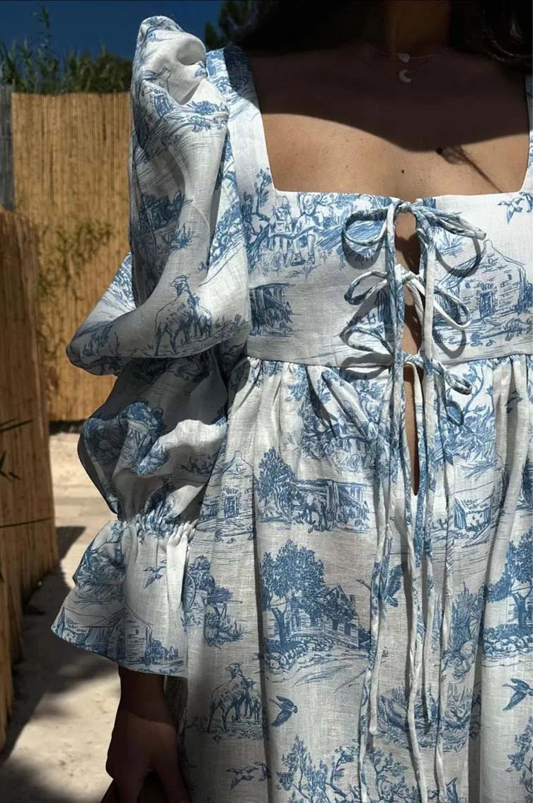 RUFFLED SLEEVE TIE-FRONT TOILE DRESS