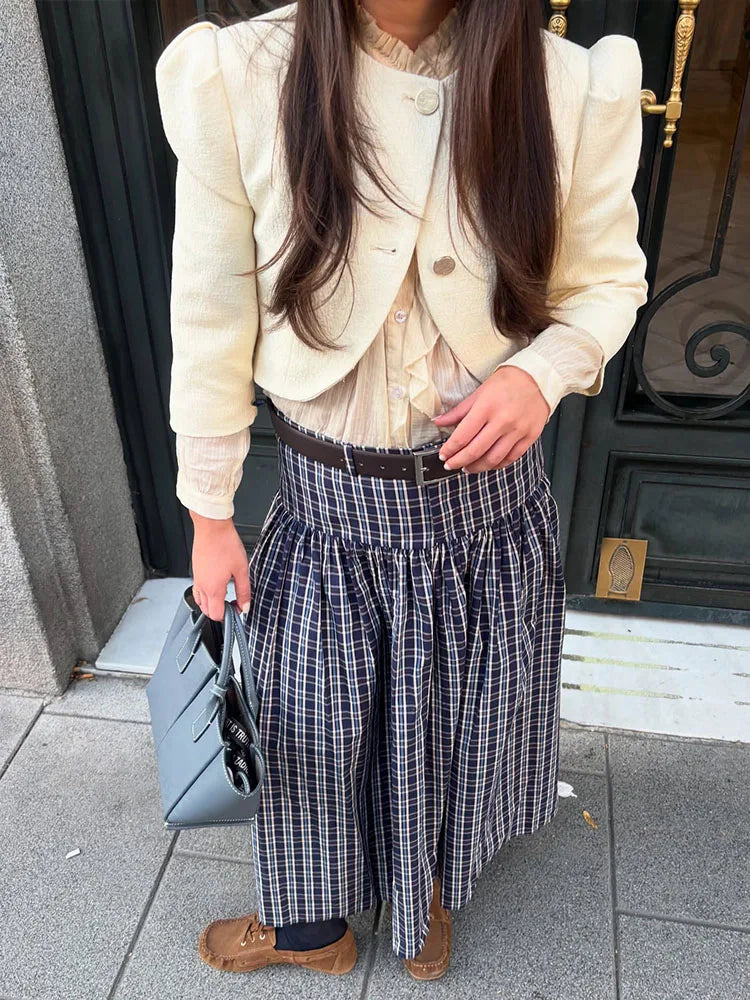 SADIE PLAID MIDI BELTED SKIRT