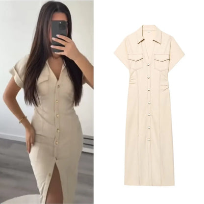 Beige denim dress worn by a person on the left and displayed on a white background on the right.