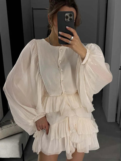 BATWING SLEEVE RUFFLED BLOUSE DRESS