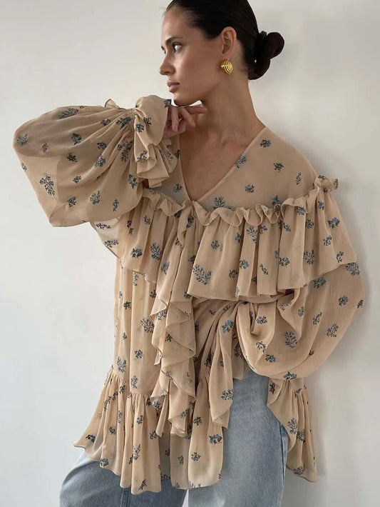 RUFFLED BEIGE BLOUSE DRESS