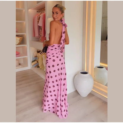 ATHENA POLKA DOT HALTER PINK MAXI DRESS