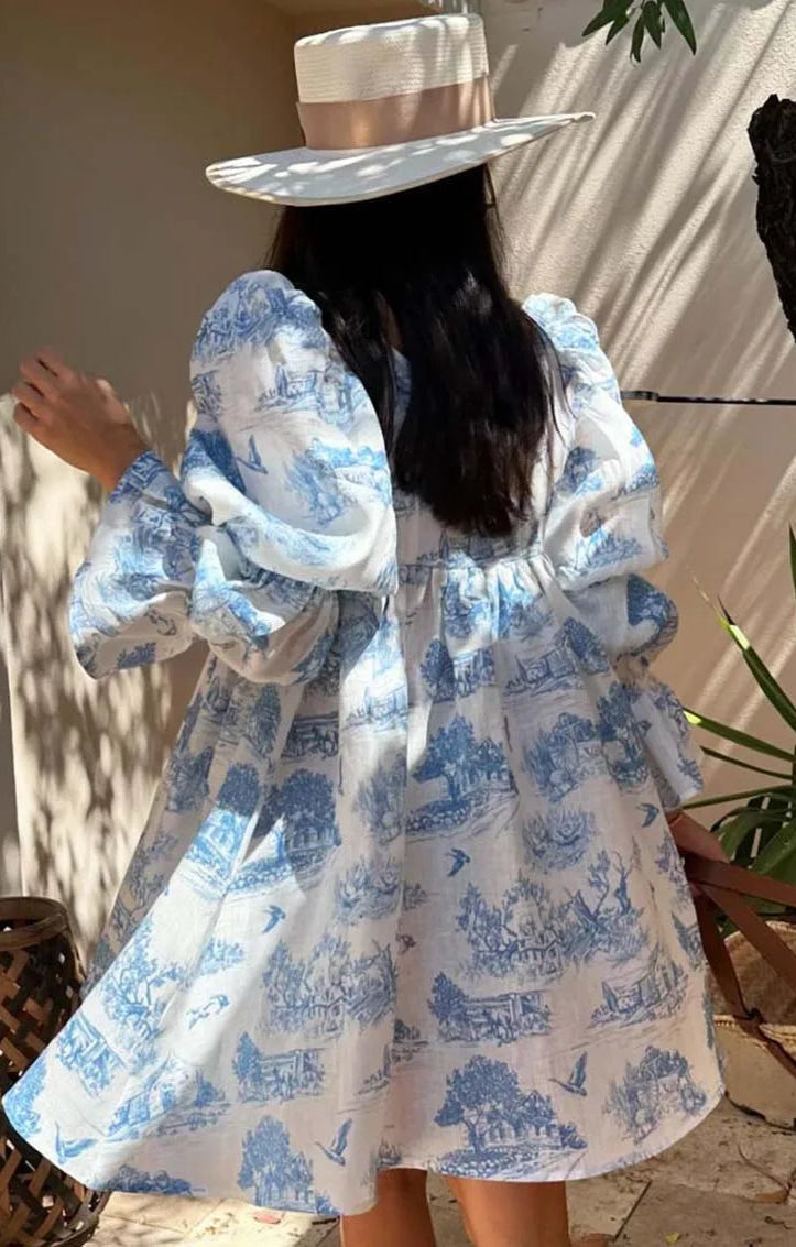 RUFFLED SLEEVE TIE-FRONT TOILE DRESS