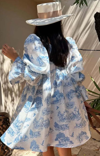 RUFFLED SLEEVE TIE-FRONT TOILE DRESS
