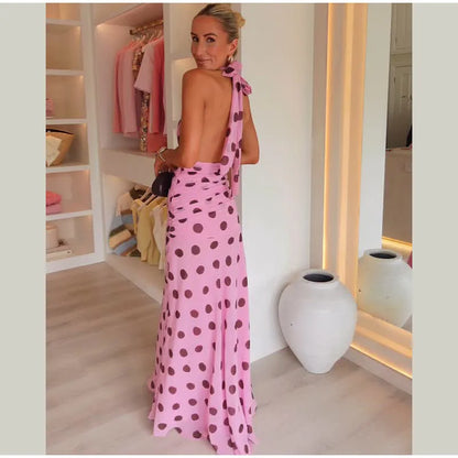 ATHENA POLKA DOT HALTER PINK MAXI DRESS
