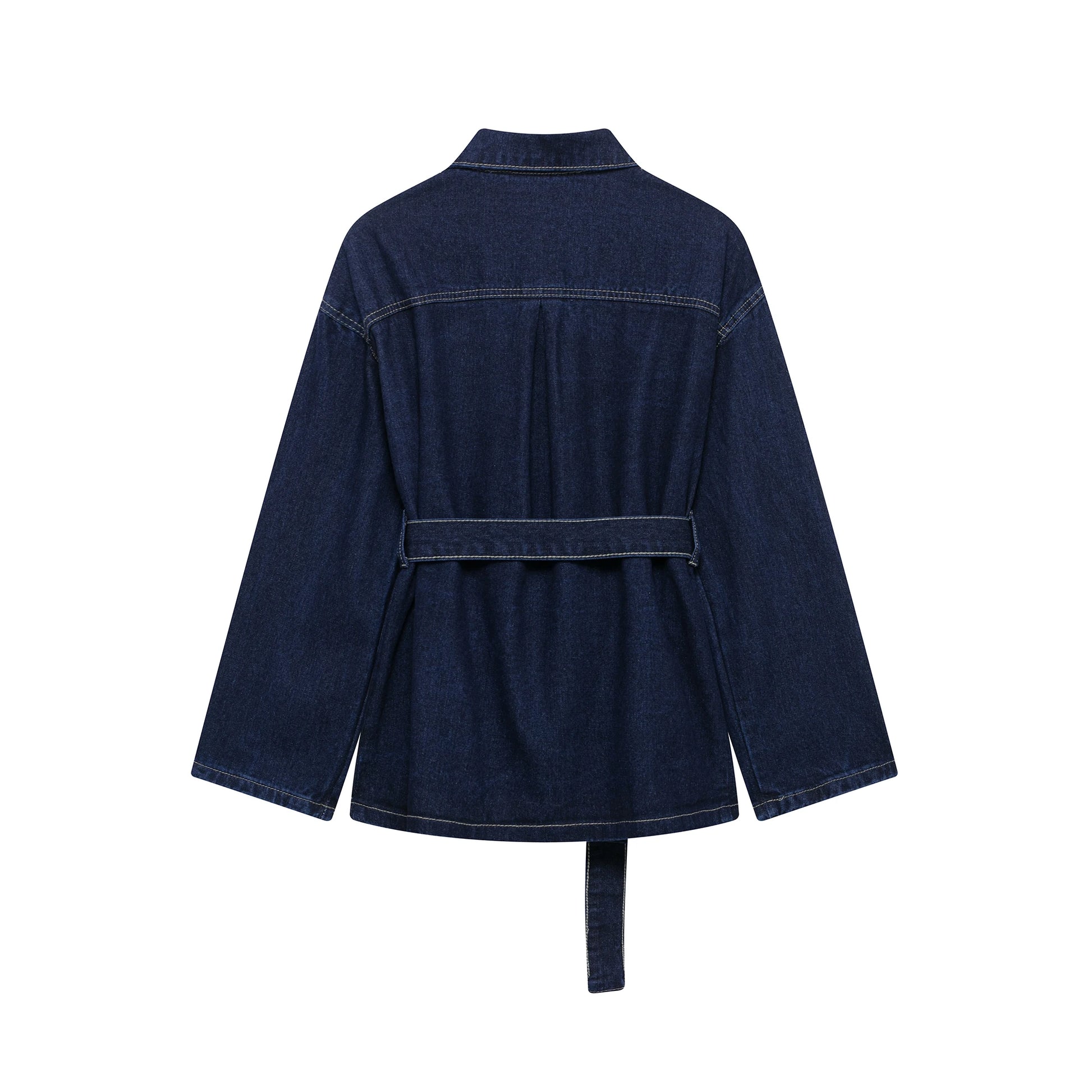Dark blue denim jacket with a belt on a white background