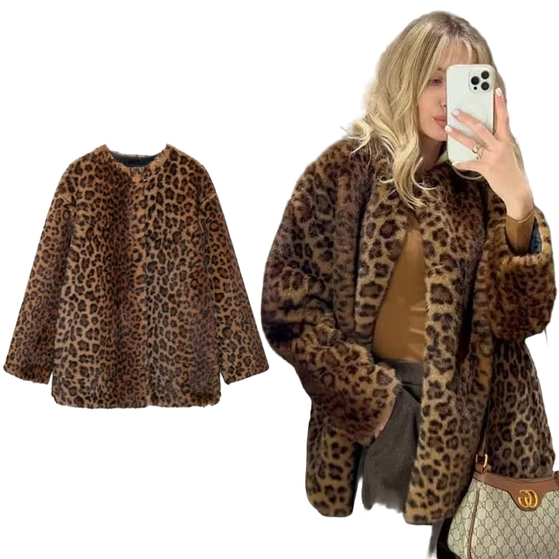 Leopard print fur coat displayed on a mannequin and worn by a person.
