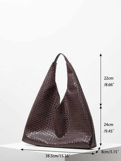 Brown textured handbag with dimensions indicated on a white background