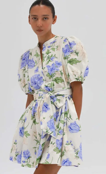 BLUE FLORAL PUFF SLEEVE DRESS