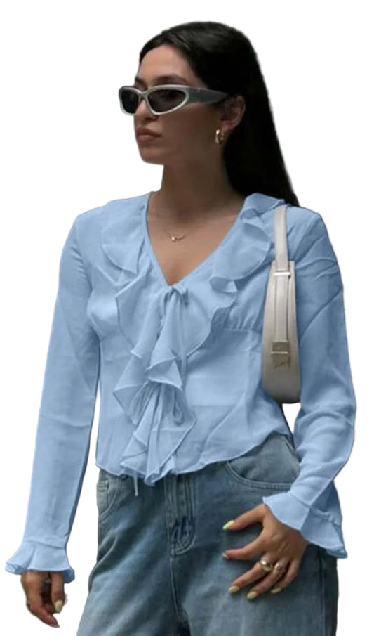 RUFFLED BLUE LONG SLEEVED BLOUSE