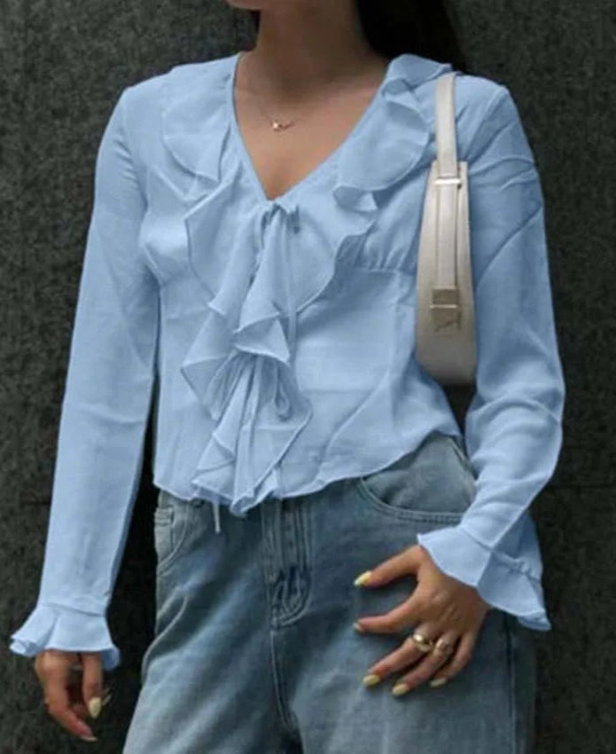 RUFFLED BLUE LONG SLEEVED BLOUSE