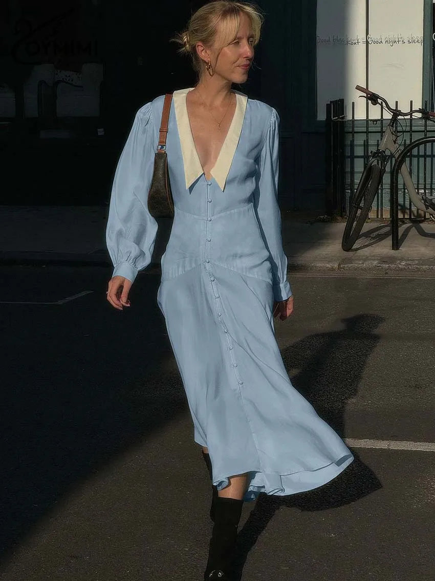 MICRO COLLAR BLUE LONG SLEEVED DRESS