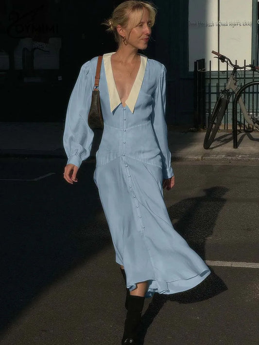 MICRO COLLAR BLUE LONG SLEEVED DRESS