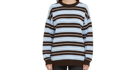 Striped sweater with brown and light blue horizontal stripes on a white background