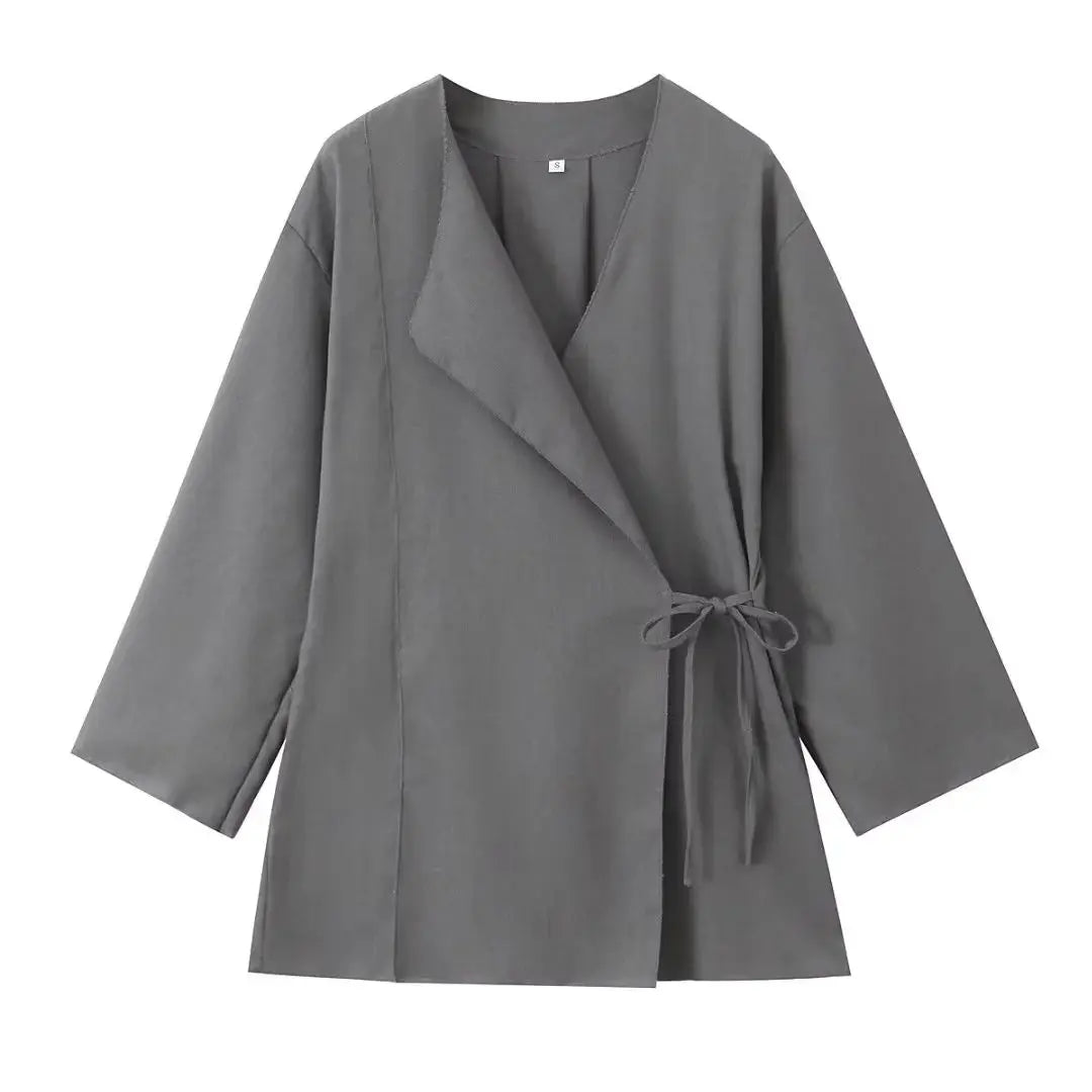 Gray coat with a tie waist on a white background