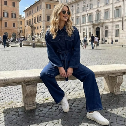 HANNAH NAVY BLUE DENIM JACKET TOP AND PANTS TWO PIECE SET