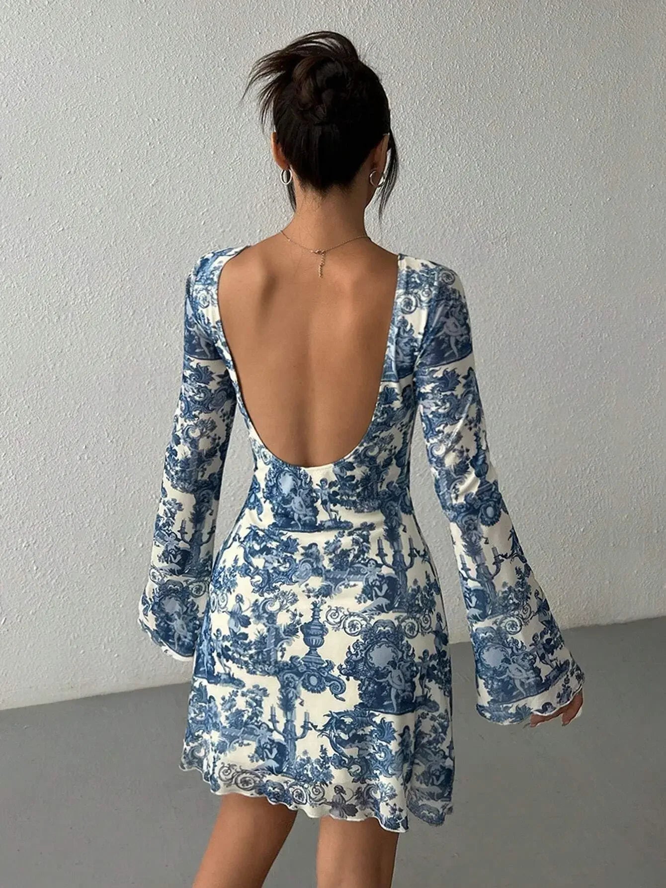 QUINN BLUE PORCELAIN PRINT LONG SLEEVE DRESS