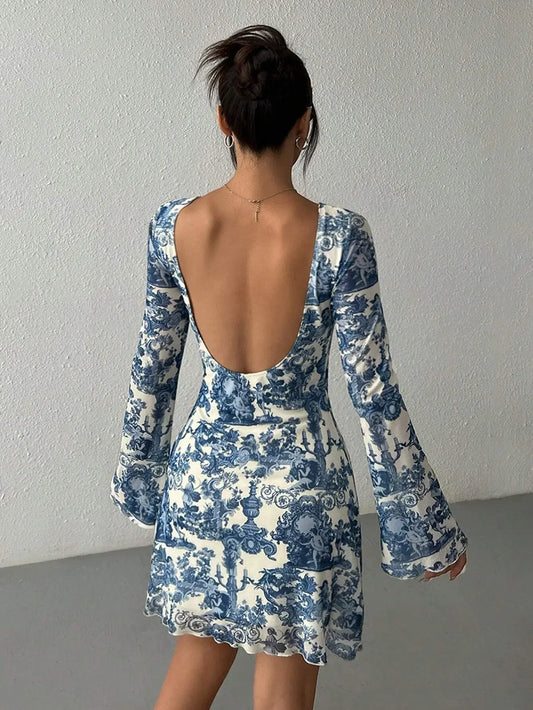 QUINN BLUE PORCELAIN PRINT LONG SLEEVE DRESS