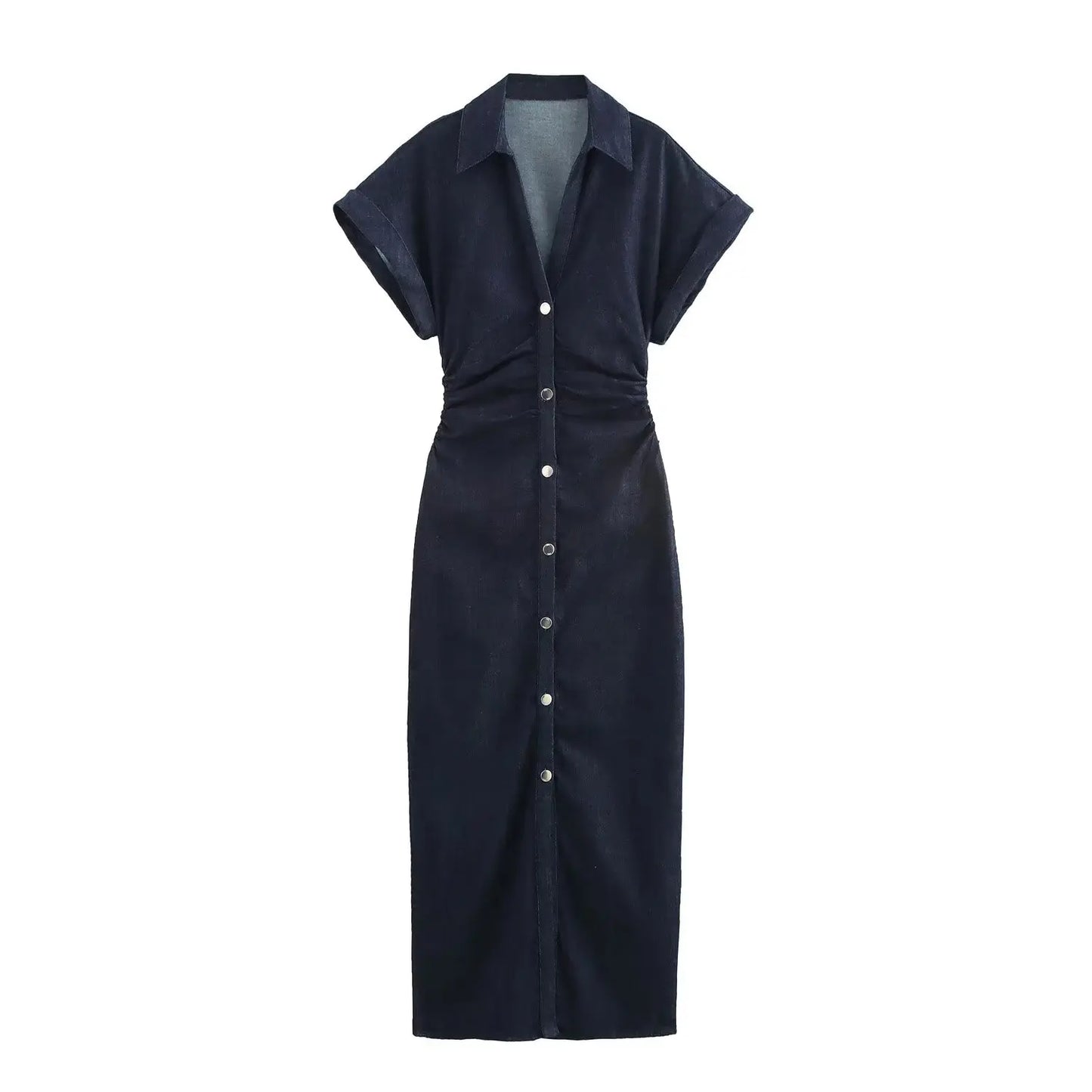 Navy button-up dress on a white background