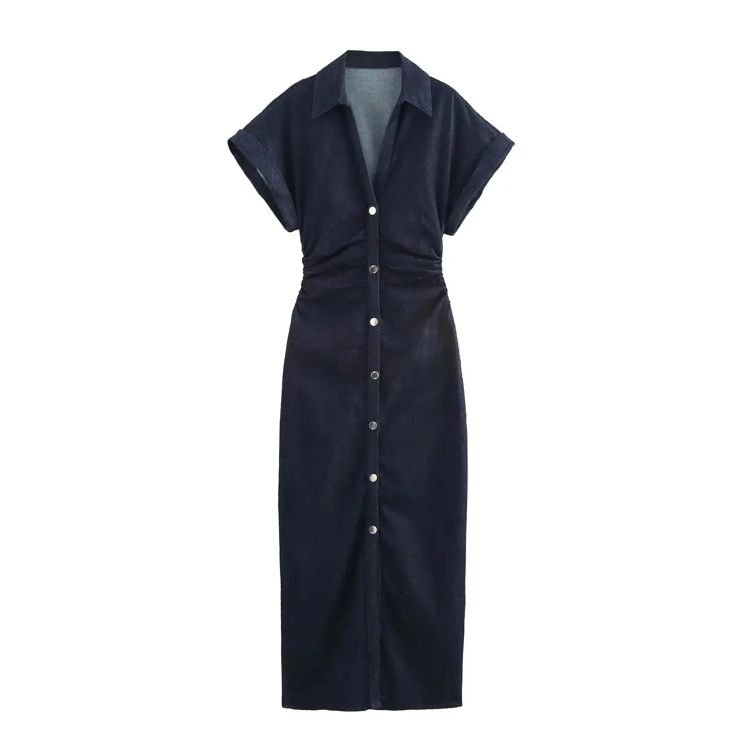 Navy button-up dress on a white background