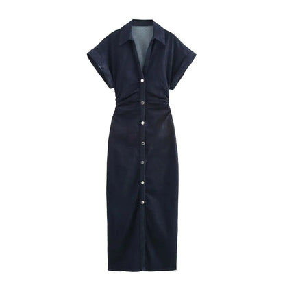 Navy button-up dress on a white background