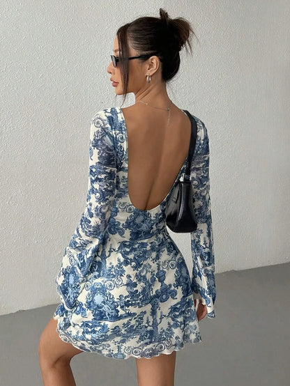 QUINN BLUE PORCELAIN PRINT LONG SLEEVE DRESS