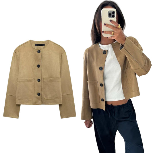 Beige suede jacket displayed on a white background with a person wearing it in a room.