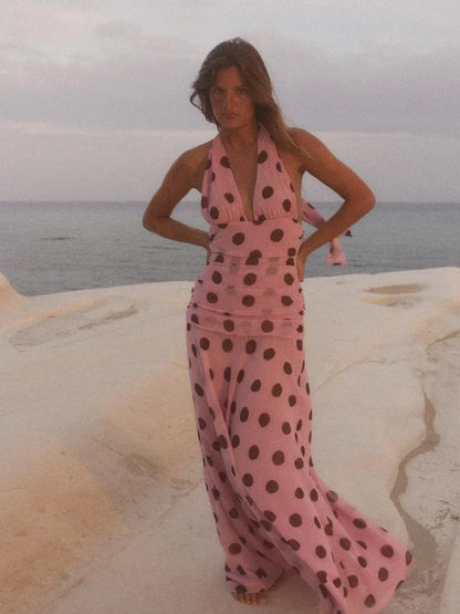 ATHENA POLKA DOT HALTER PINK MAXI DRESS
