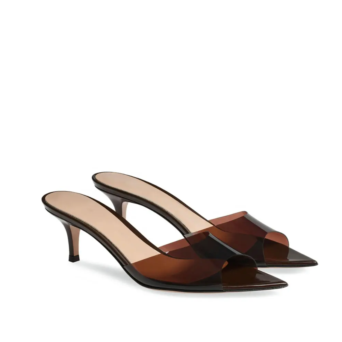 Pair of brown high-heeled shoes on a white background