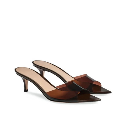 Pair of brown high-heeled shoes on a white background