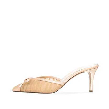 PLEATED MESH WITH BOW MULE HEELS