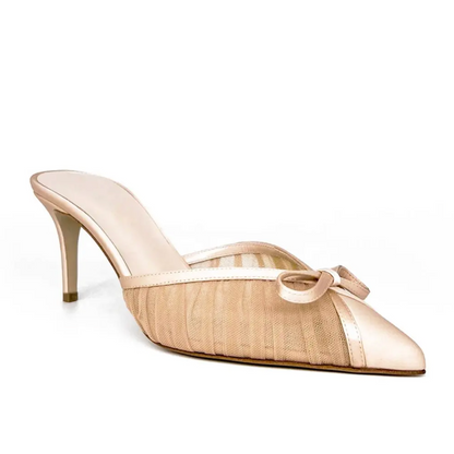 PLEATED MESH WITH BOW MULE HEELS