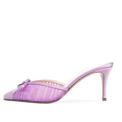 PLEATED MESH WITH BOW MULE HEELS
