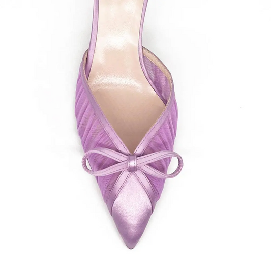 PLEATED MESH WITH BOW MULE HEELS