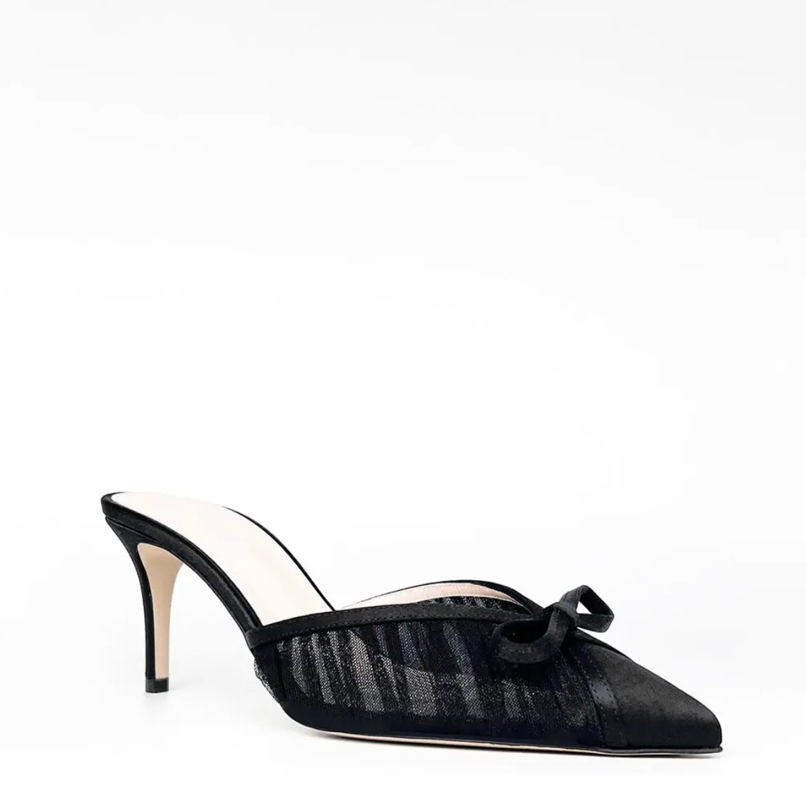 PLEATED MESH WITH BOW MULE HEELS