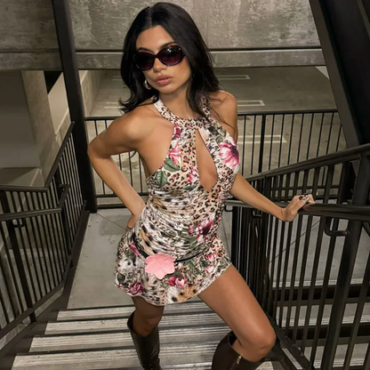 FLORAL LEOPARD PRINT SLEEVELESS DRESS