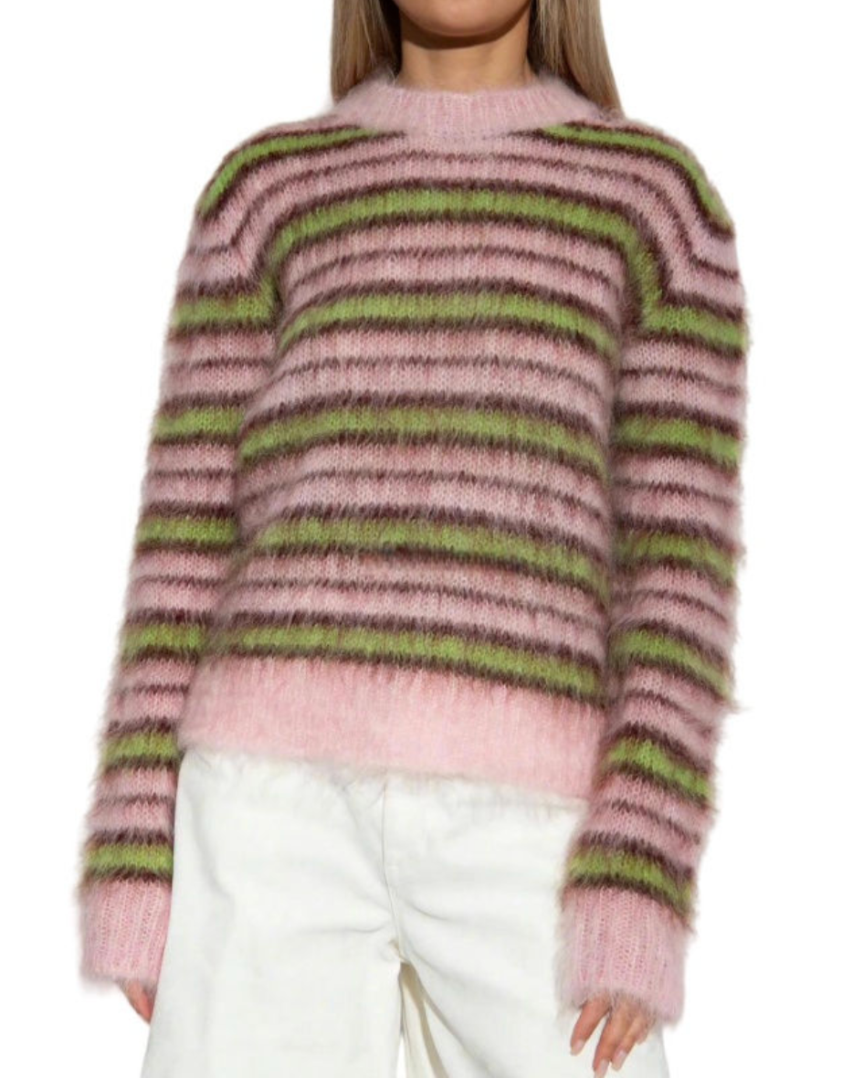 Pink and green striped sweater worn by a person on a white background. France, Germany, Italy and the United Kingdom. ZARA, H&M, urban outfitters, ASOS, Mango, SHEIN