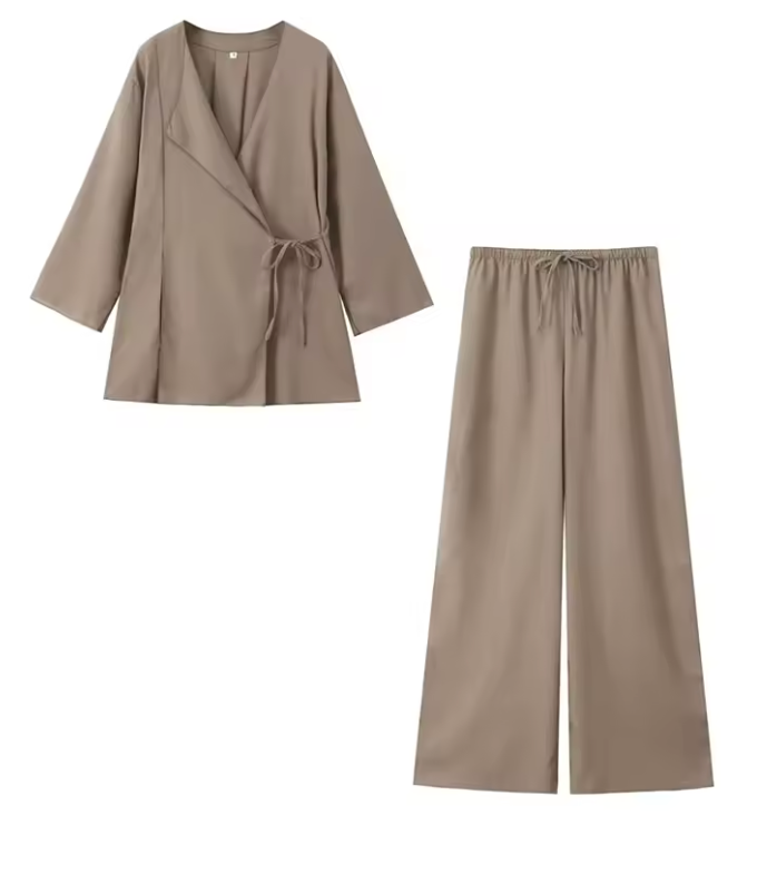 ELLA LONG-SLEEVED WRAP TOP & PANTS TWO PIECE SET