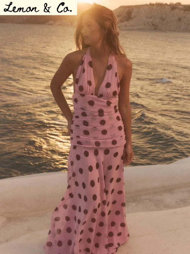ATHENA POLKA DOT HALTER PINK MAXI DRESS