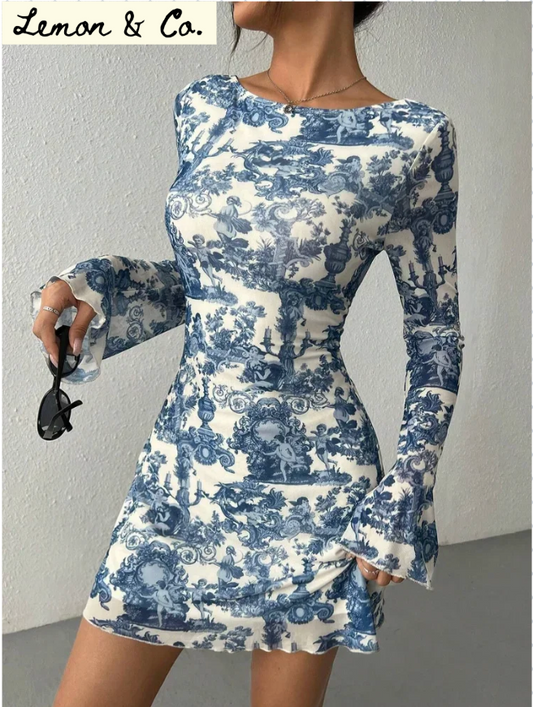 QUINN BLUE PORCELAIN PRINT LONG SLEEVE DRESS