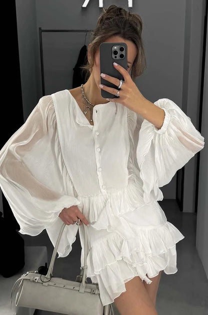 BATWING SLEEVE RUFFLED BLOUSE DRESS