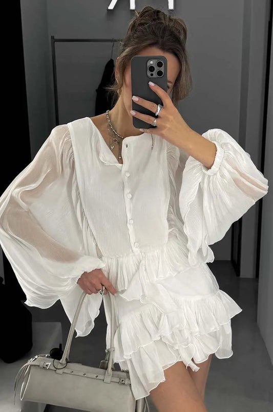 BATWING SLEEVE RUFFLED BLOUSE DRESS