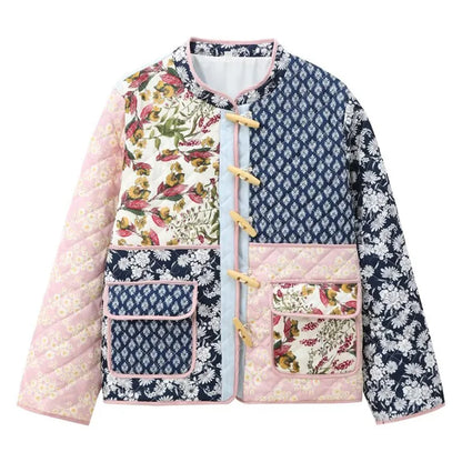 Quilted jacket with floral and patterned design on a white background