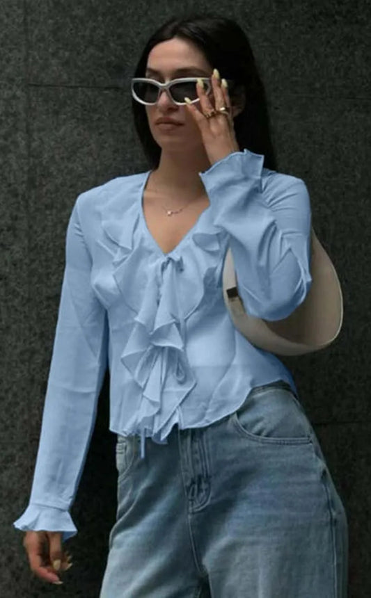 RUFFLED BLUE LONG SLEEVED BLOUSE