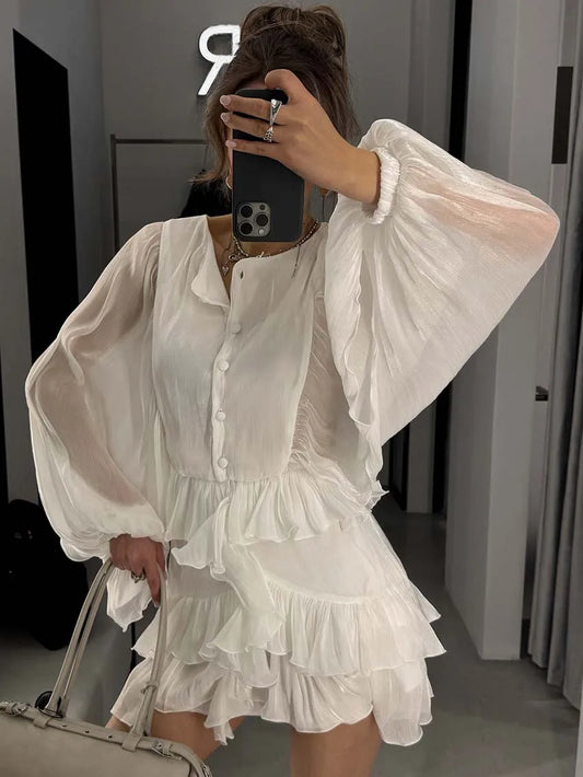 BATWING SLEEVE RUFFLED BLOUSE DRESS