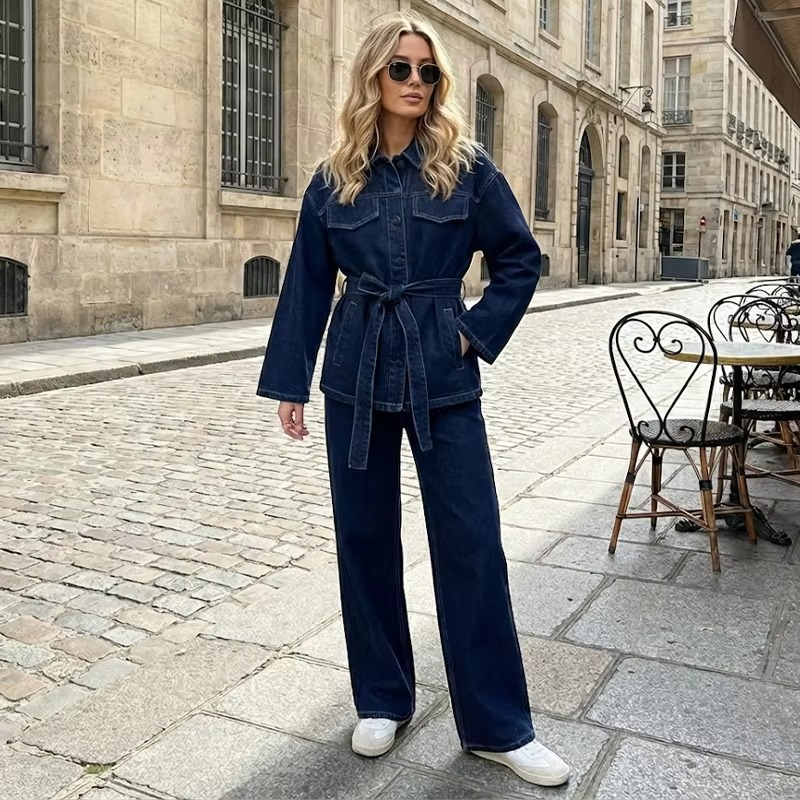 HANNAH NAVY BLUE DENIM JACKET TOP AND PANTS TWO PIECE SET