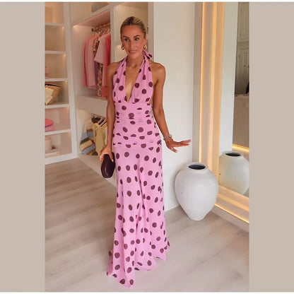 ATHENA POLKA DOT HALTER PINK MAXI DRESS